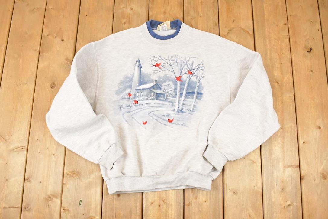 Vintage 1990s Top Stitch Embroidered Cardinal Winter Theme Double Collar Crewneck Sweatshirt Women's L