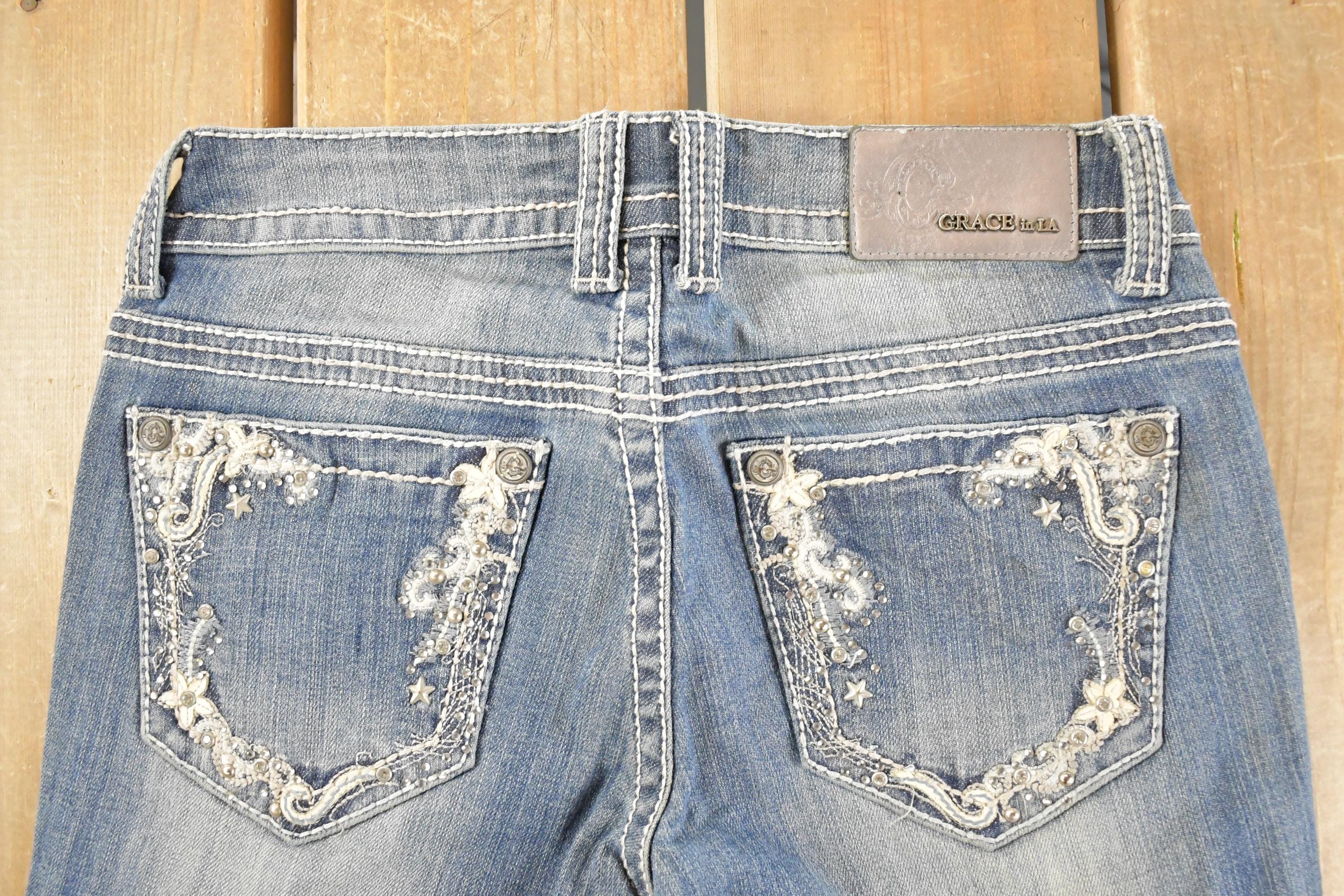 Vintage Deadstock Y2K Grace In LA Bedazzled Straight Low Rise Jeans Women's Size 26 x 31