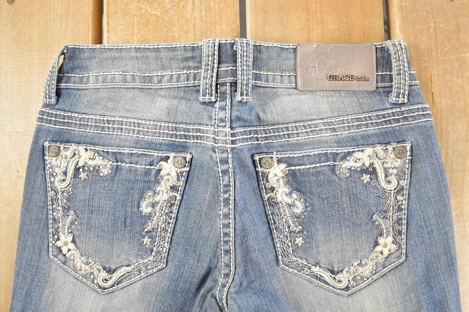 Vintage Deadstock Y2K Grace In LA Bedazzled Straight Low Rise Jeans Women's Size 26 x 31