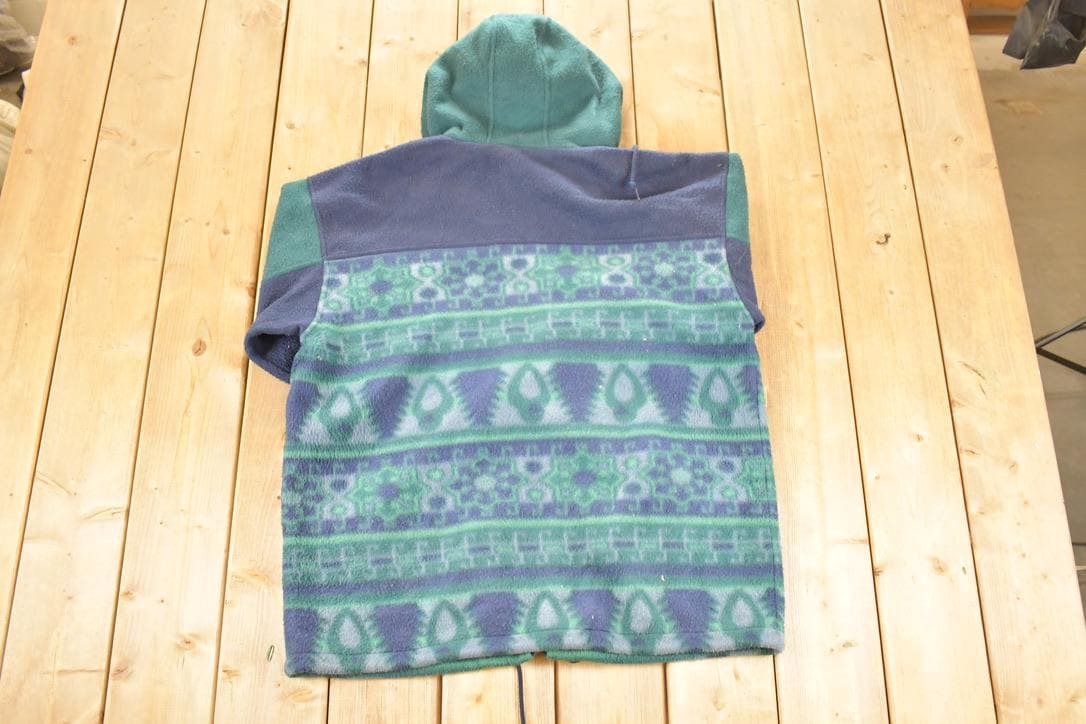Vintage 1990s East West Aztec AOP Fleece Outdoorsman Hooded Sweater Mens XL / 90s Winter Sweatshirt / Fleece Hiking Zip up