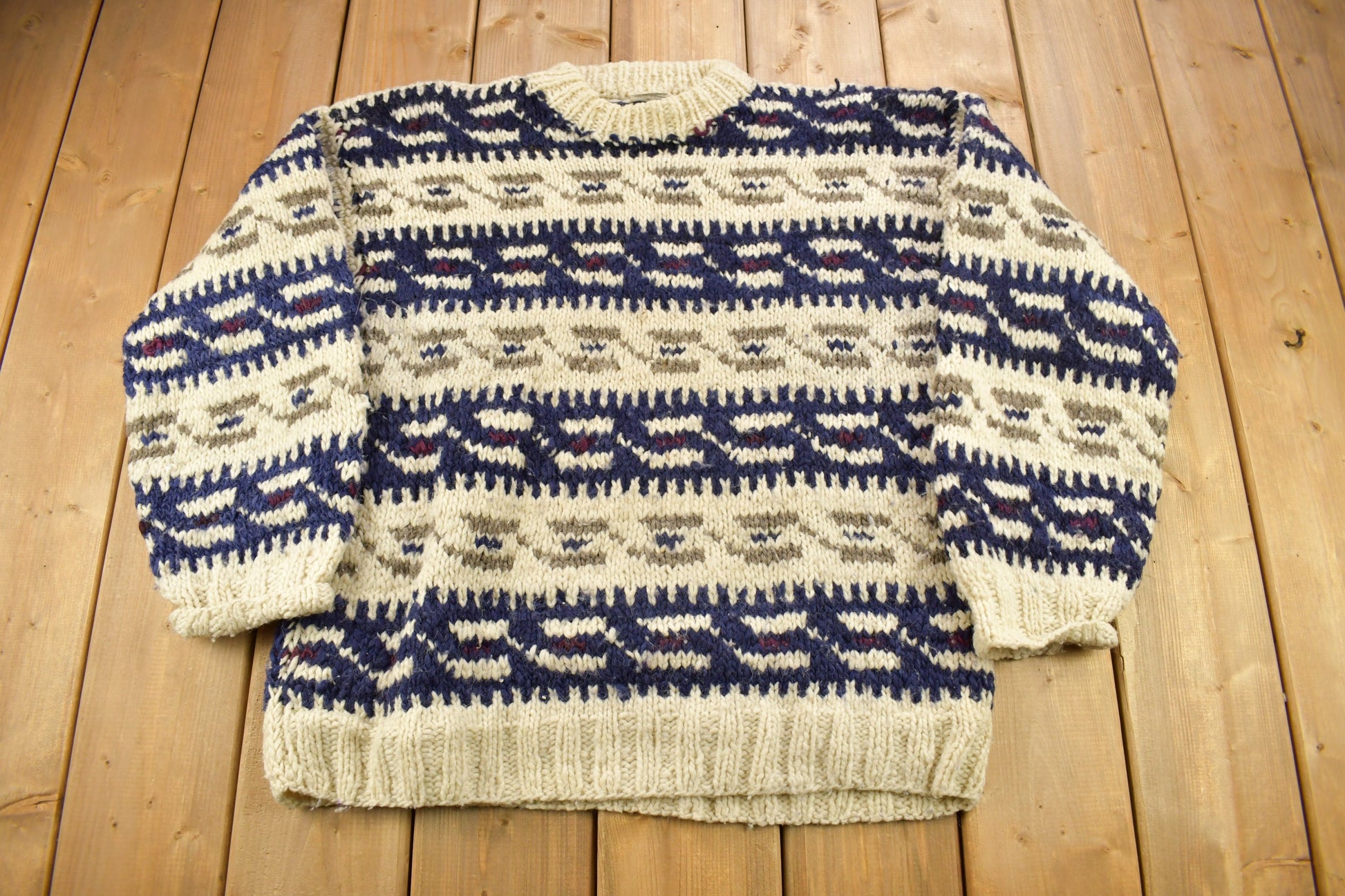 Vintage 1980s 100% Wool Knitted Striped Crewneck Sweater