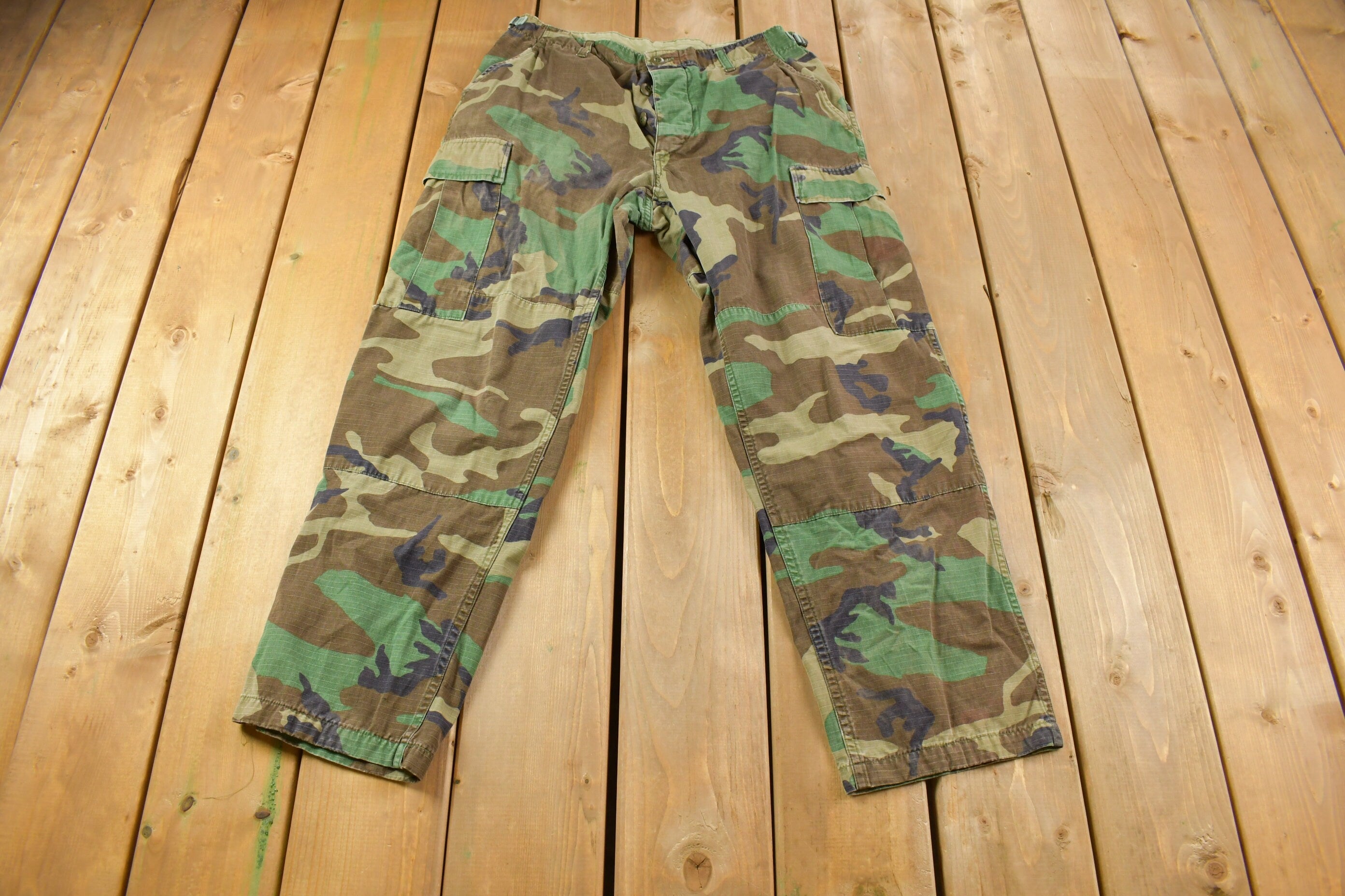Vintage 1990 Army Woodland Camouflage Cargo Pants Size 27-31 x 32