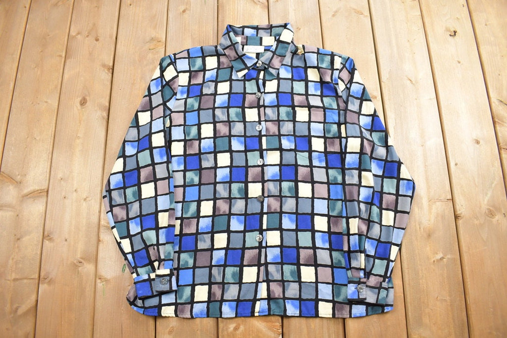 Vintage 1980s Kathy Che Stain Glass Pattern Button Up Shirt