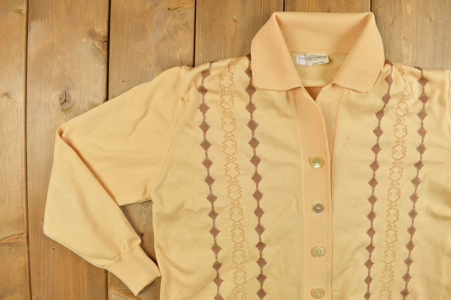 Vintage 1960s Crimplene Knitted Collard Cardigan Sweater / Vintage Cardigan / Button Up / Embroidered / Knitwear / Made In Italy