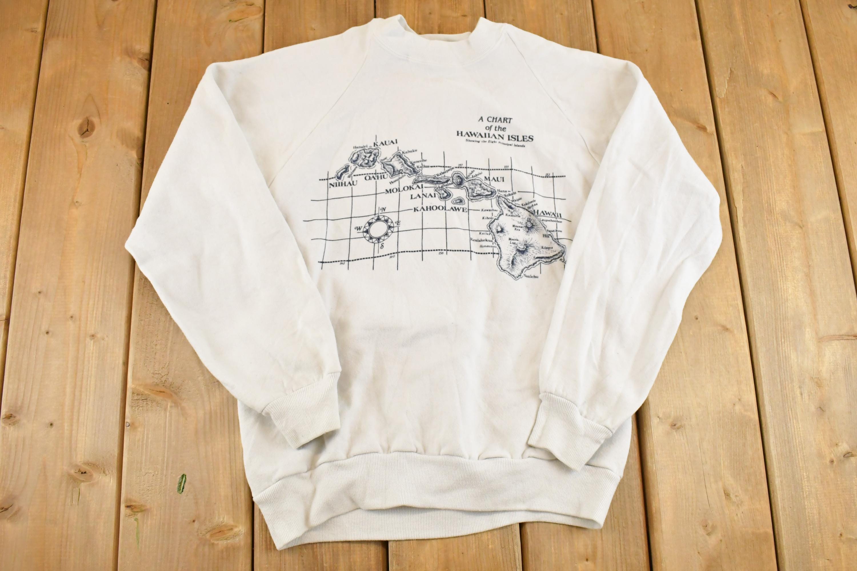Vintage 1990s Chart Of The Hawaiian Isles Souvenir Crewneck Sweatshirt Mens S