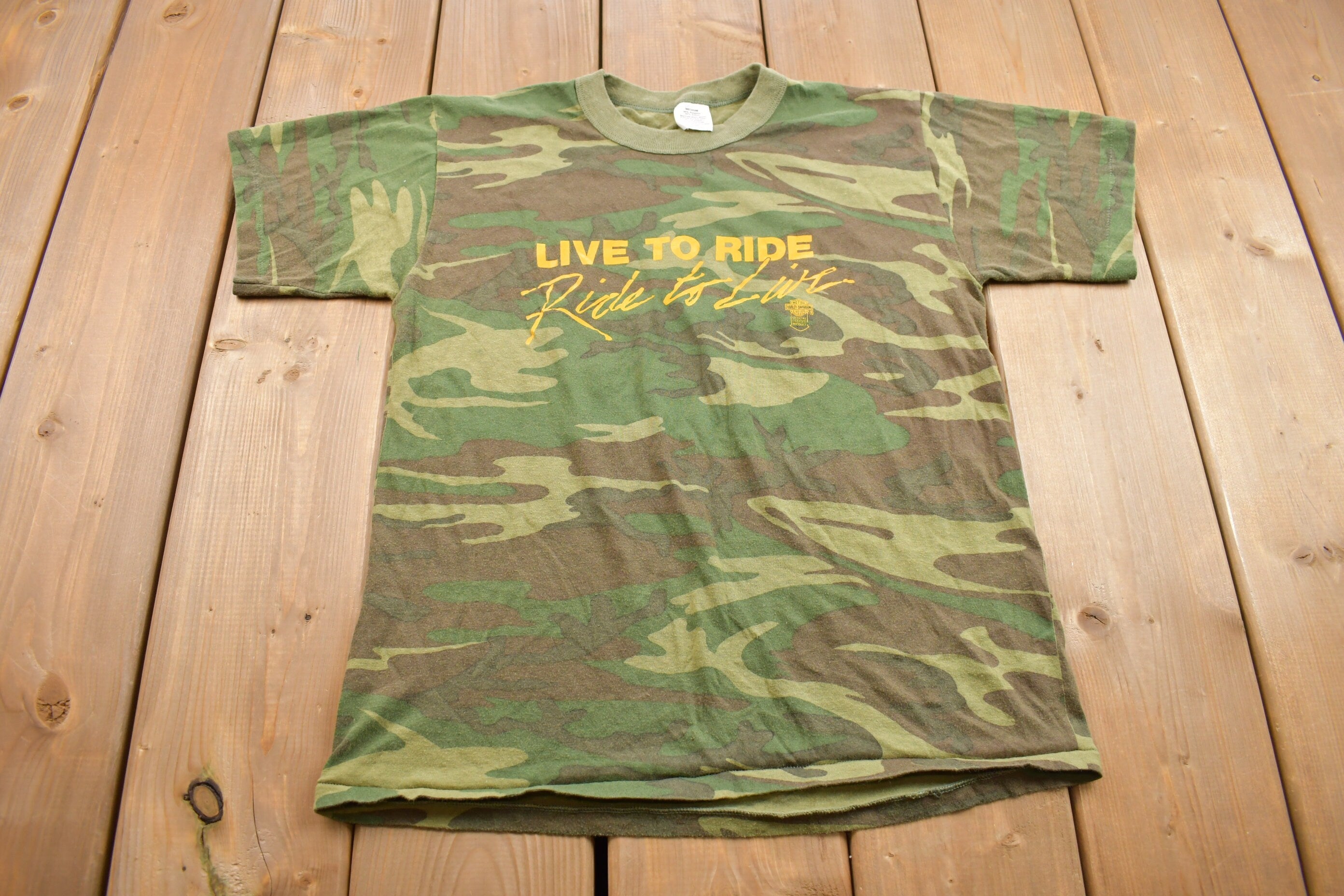 Vintage 1982 Harley "Live to Ride, Ride to Live" Camo T Shirt