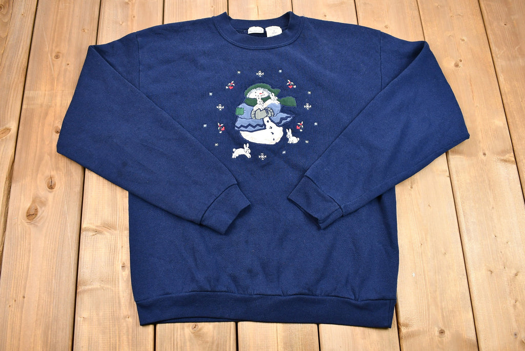 Vintage 1990s Embroidered Snowman Christmas Sweater , 90s Holiday Crewneck , Winter Wear , Festive Graphic , Frosty , Bunny