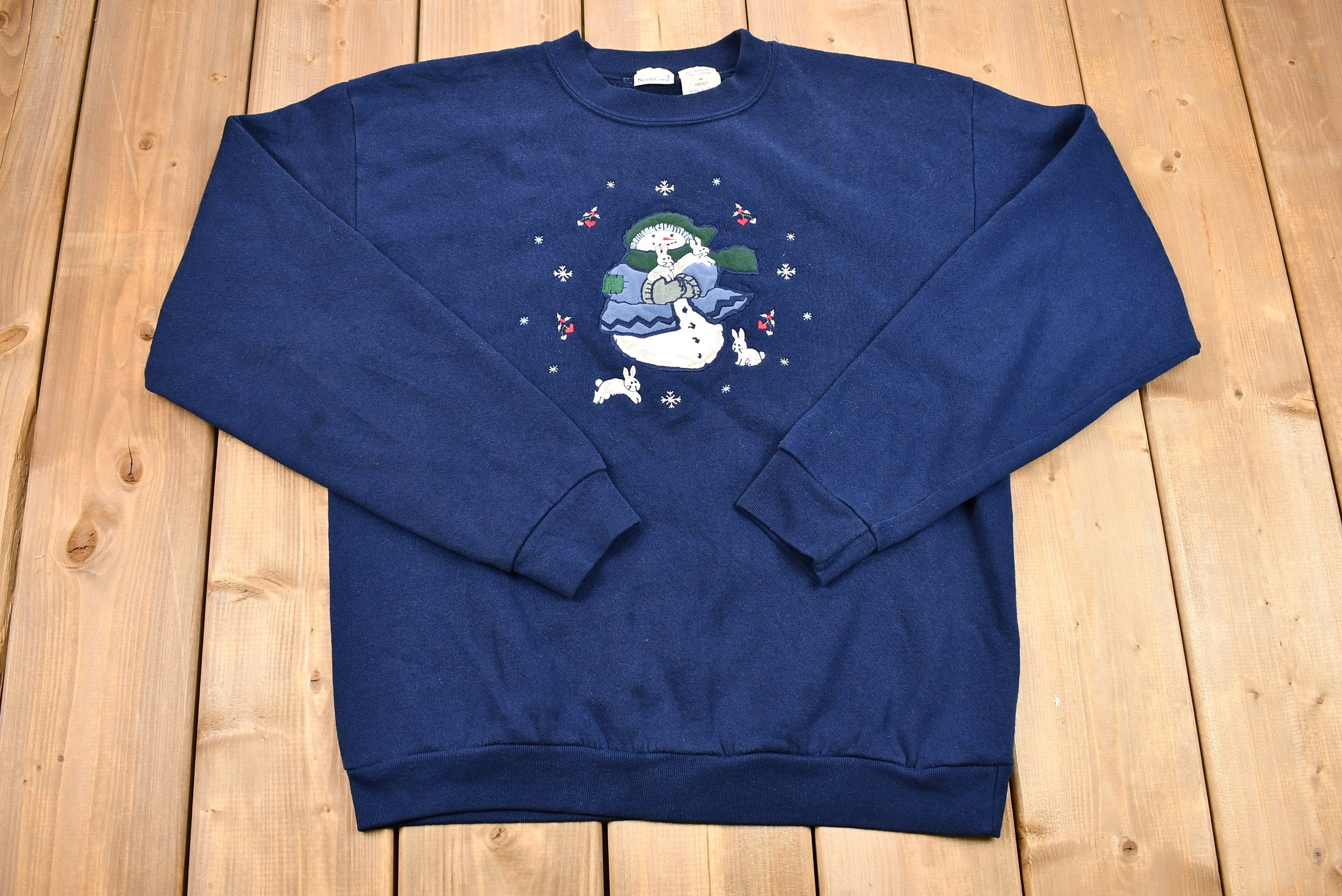 Vintage 1990s Embroidered Snowman Christmas Sweater , 90s Holiday Crewneck , Winter Wear , Festive Graphic , Frosty , Bunny
