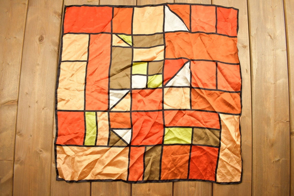 Vintage 1980s Abstract Geometric Pattern Stain Glass Style Print Scarf