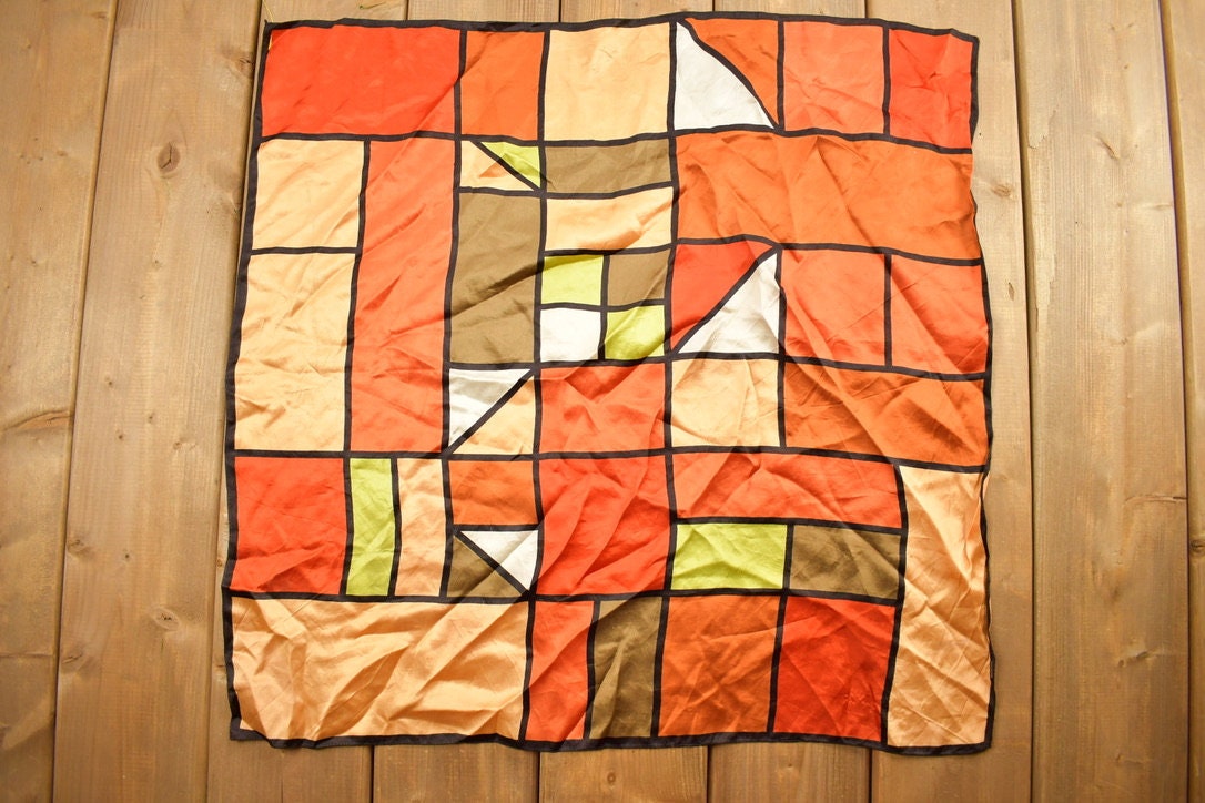 Vintage 1980s Abstract Geometric Pattern Stain Glass Style Print Scarf