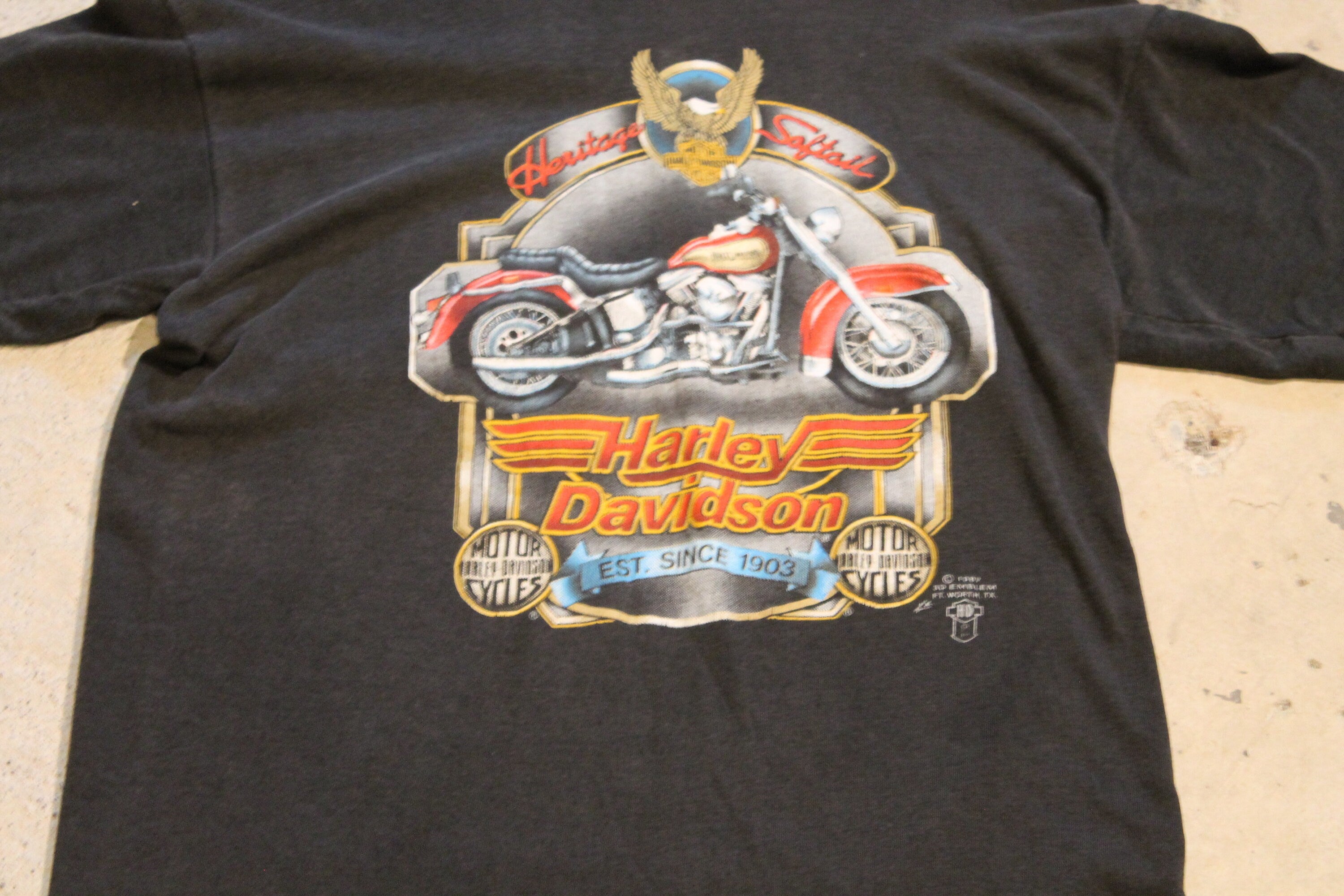 Vintage 1987 3D Emblem Harley Davidson Heritage Softail Biker Graphic T Shirt