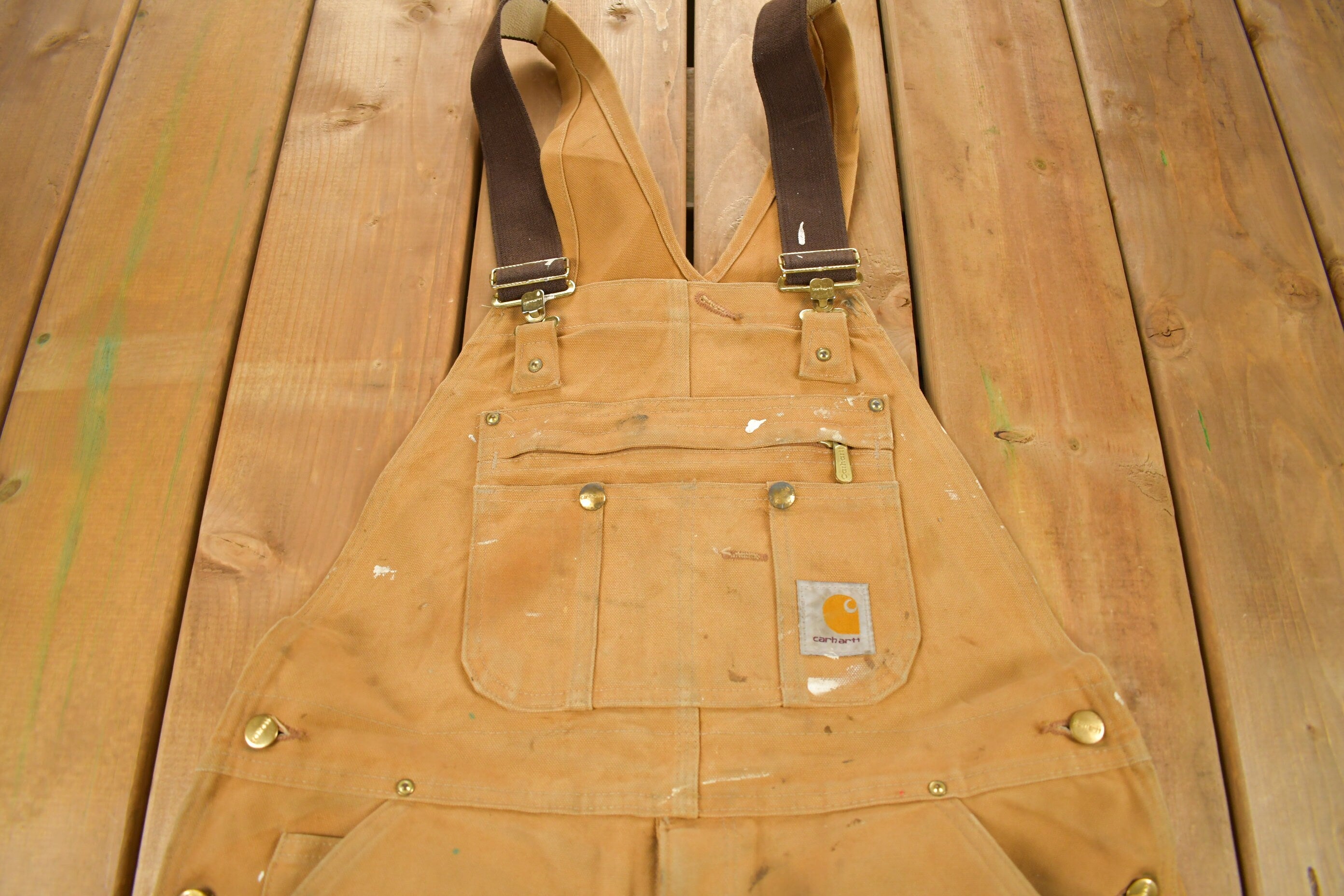 Vintage 1990s Carhartt Double Knee Quilted Canvas Paint Splattered Overalls Size 36 x 26