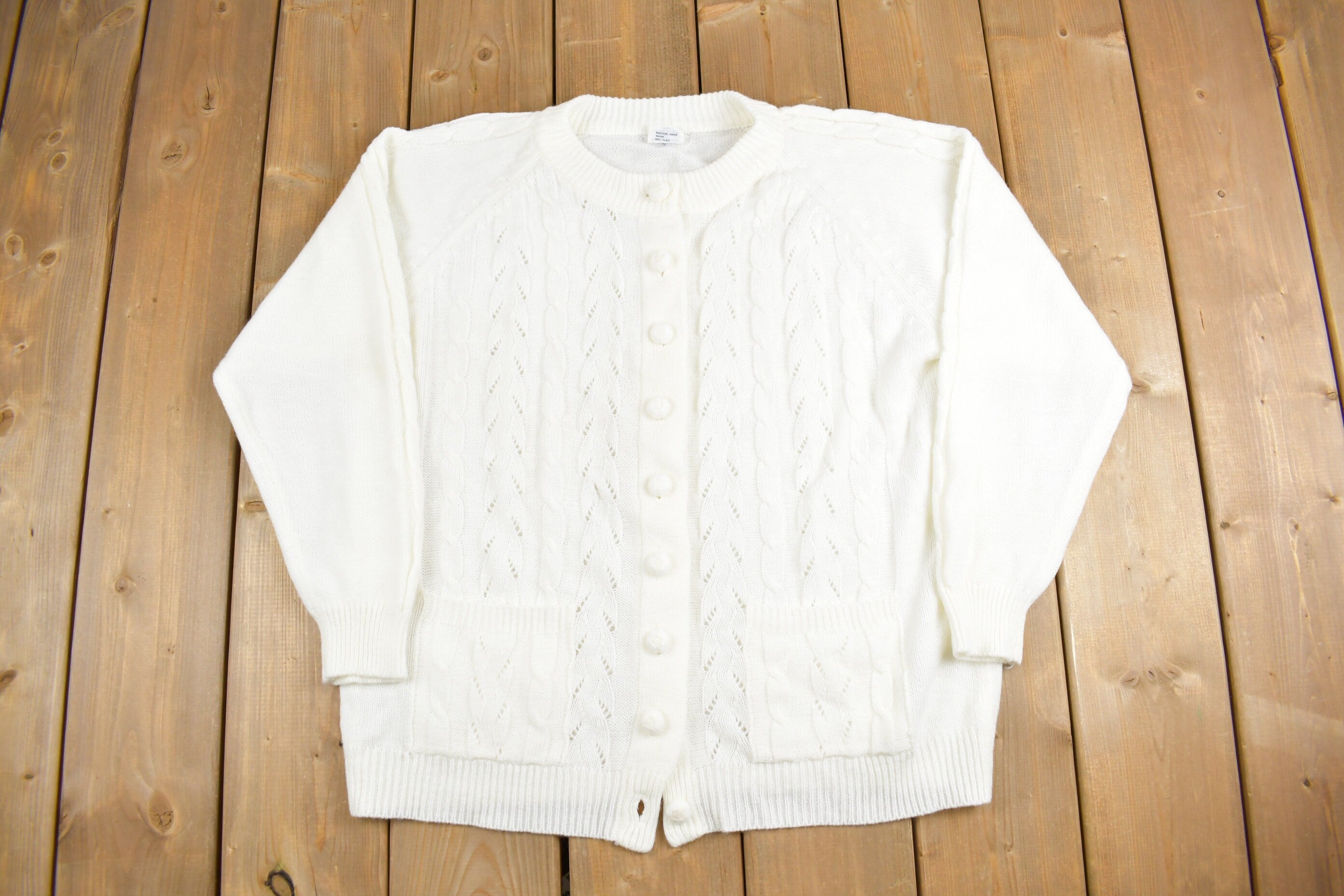 Vintage 1980s White Hand Knit Cardigan Sweater