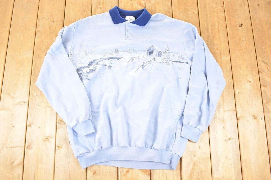 Vintage 1990s Artisans Winter Theme AOP Collared Quarter Button Crewneck Sweatshirt Men's XL