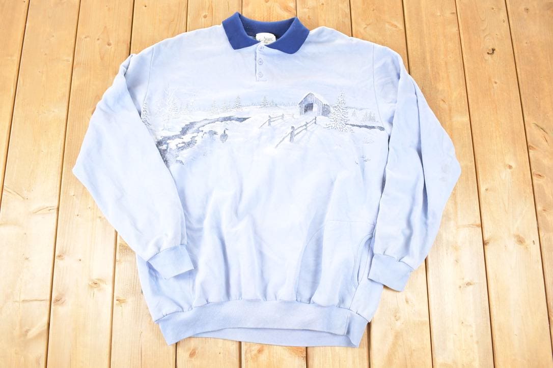 Vintage 1990s Artisans Winter Theme AOP Collared Quarter Button Crewneck Sweatshirt Men's XL