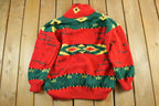 Vintage 1970s 1980s Aztec Shawl Collar Knit Crewneck Sweater Men's Large  70s Hand Knit  Aztec Abstract Pattern