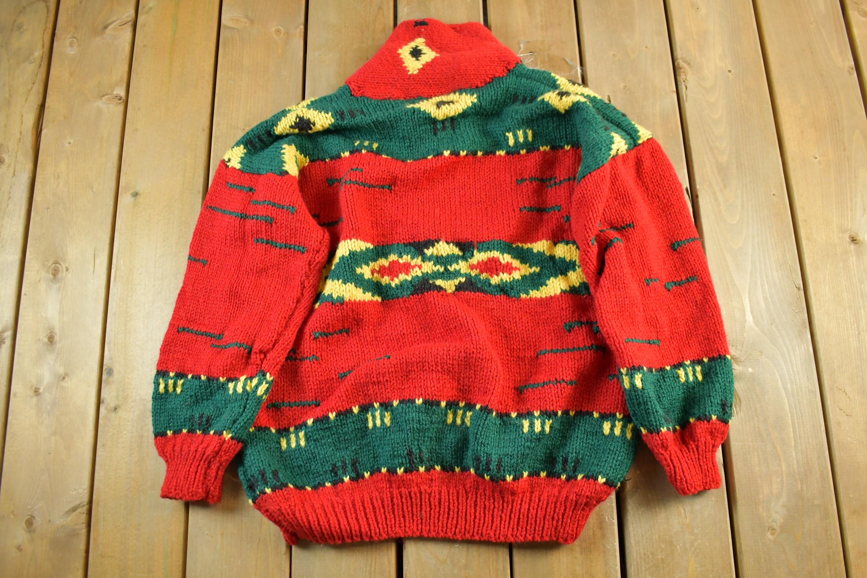 Vintage 1970s 1980s Aztec Shawl Collar Knit Crewneck Sweater Men's Large  70s Hand Knit  Aztec Abstract Pattern