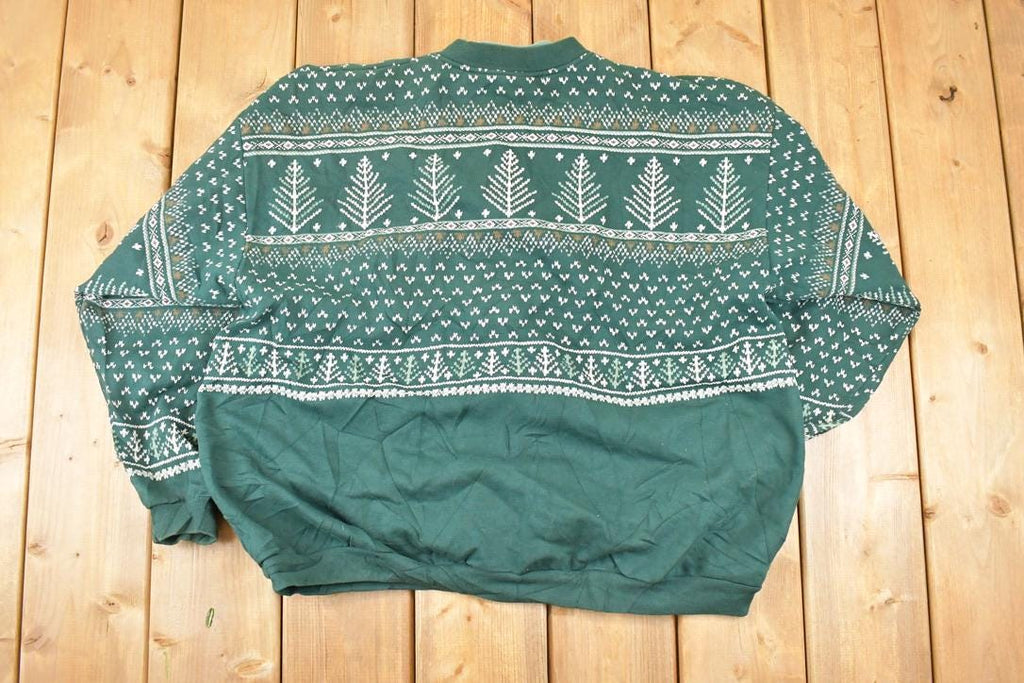 Vintage 1990s Artisans Double Collar Christmas Tree Button Up Graphic Print Crewneck Sweatshirt Women's L
