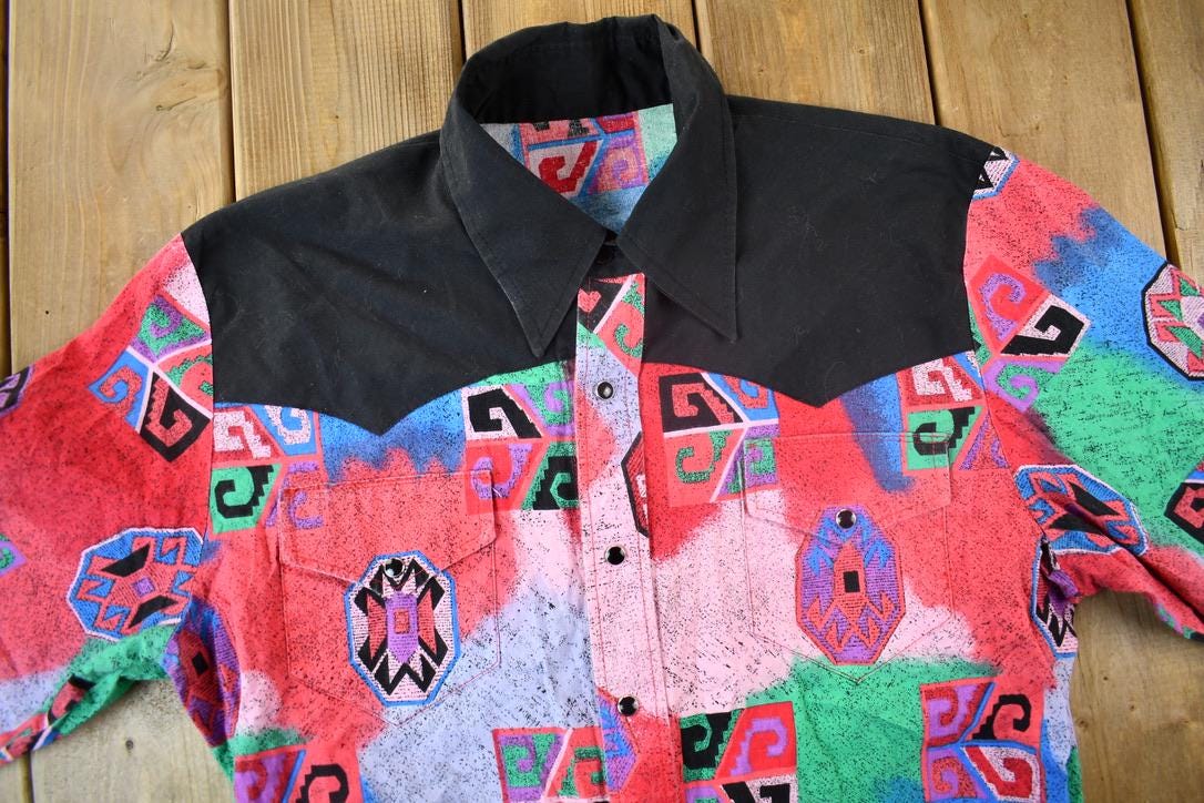 Vintage 1980s Colourful Aztec Pattern Button Up Shirt