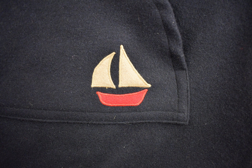 Vintage 1980s 100% Wool Black Sail Boat Embroidered Mock Neck Sweater