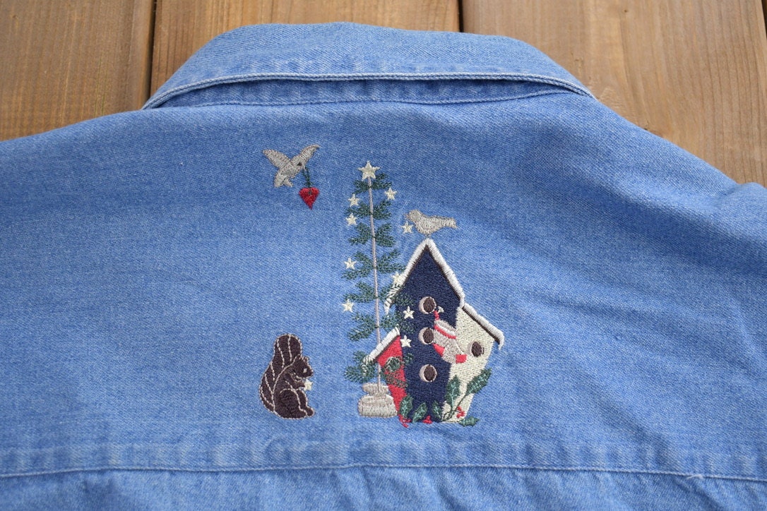 Vintage 1990s Denim Embroidered Button Up Shirt