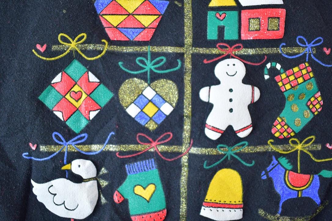 Vintage 1990s Christmas Tree Double Collar Crew Neck Sweater / 90s Crewneck / Grandma Sweater / Streetwear / Made In USA / Animal Theme