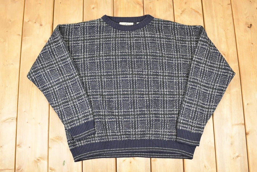 Vintage 1990s Natural Issue Plaid Knit Crewneck Sweater Men's L / 90s Knitted Sweatshirt / Vintage Preppy Knits