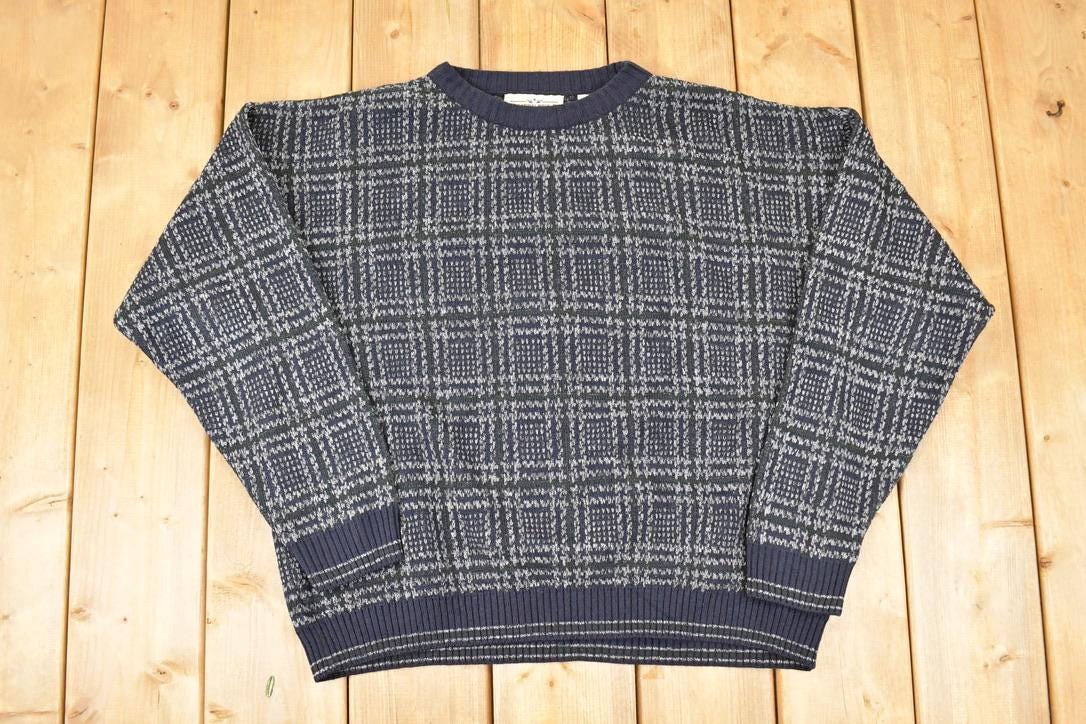 Vintage 1990s Natural Issue Plaid Knit Crewneck Sweater Men's L / 90s Knitted Sweatshirt / Vintage Preppy Knits