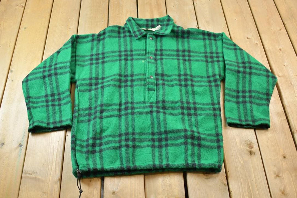 Vintage 1980s LL Bean Green Buffalo Plaid Wool Button Up Shirt