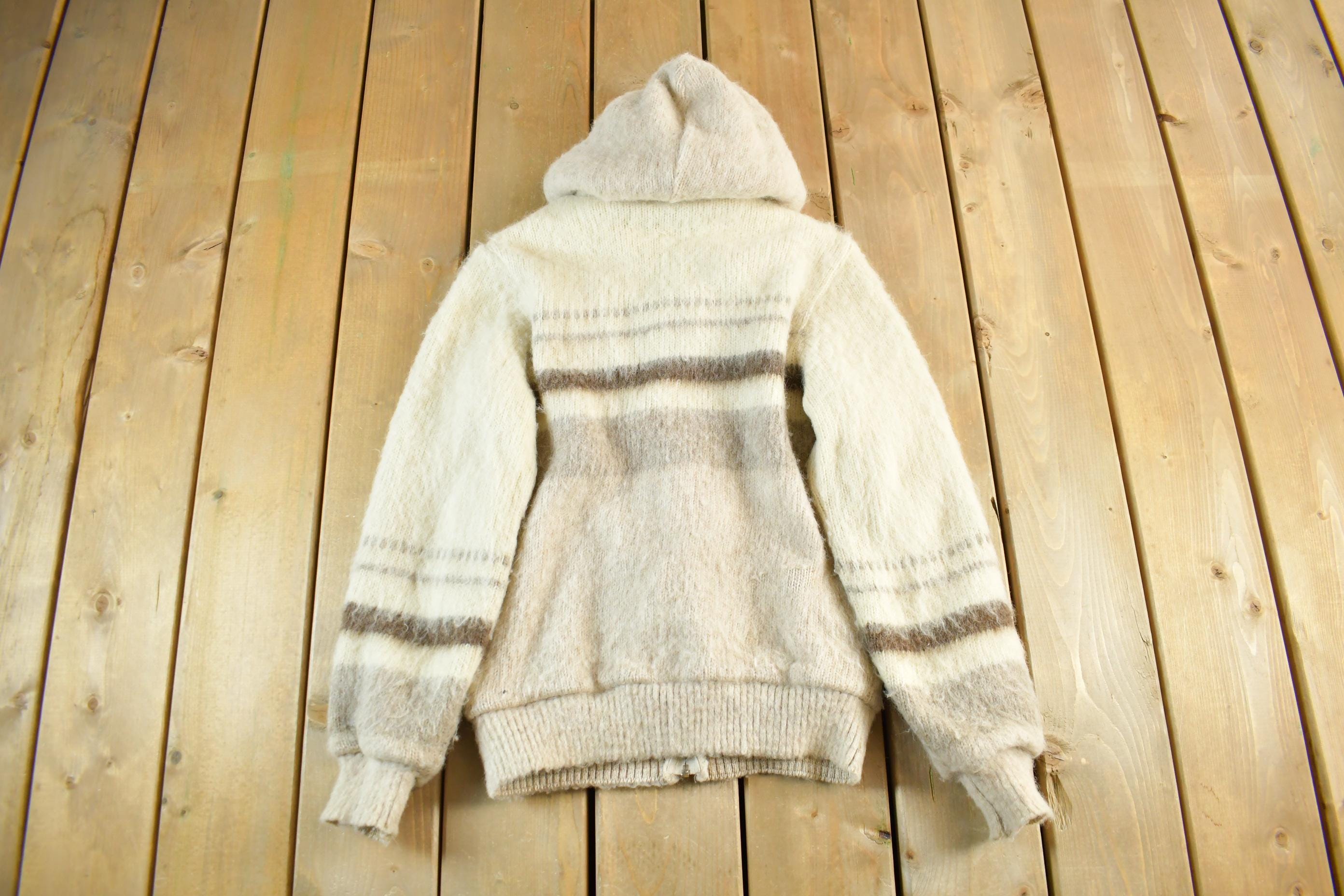 Vintage 80s Wool Knit Hooded Jacket: Striped Sweater, Women's Small