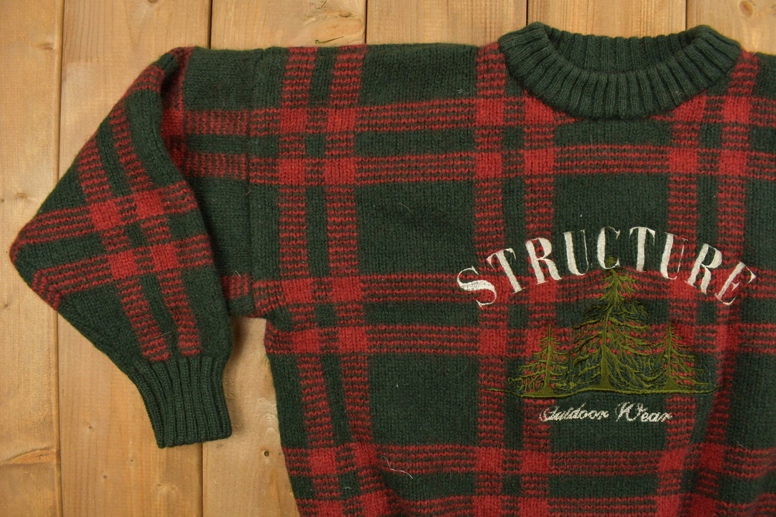 Vintage 1990s Structure Plaid Wool Knitted Crewneck Sweater