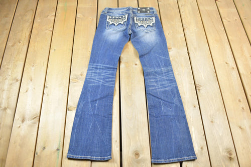 Vintage Y2K Miss Me Bedazzled Low Rise Jeans Size 26x32 / Boot Cut Jeans / Y2K Style / Embroidered Jeans / 2000s / Contrast Stitching