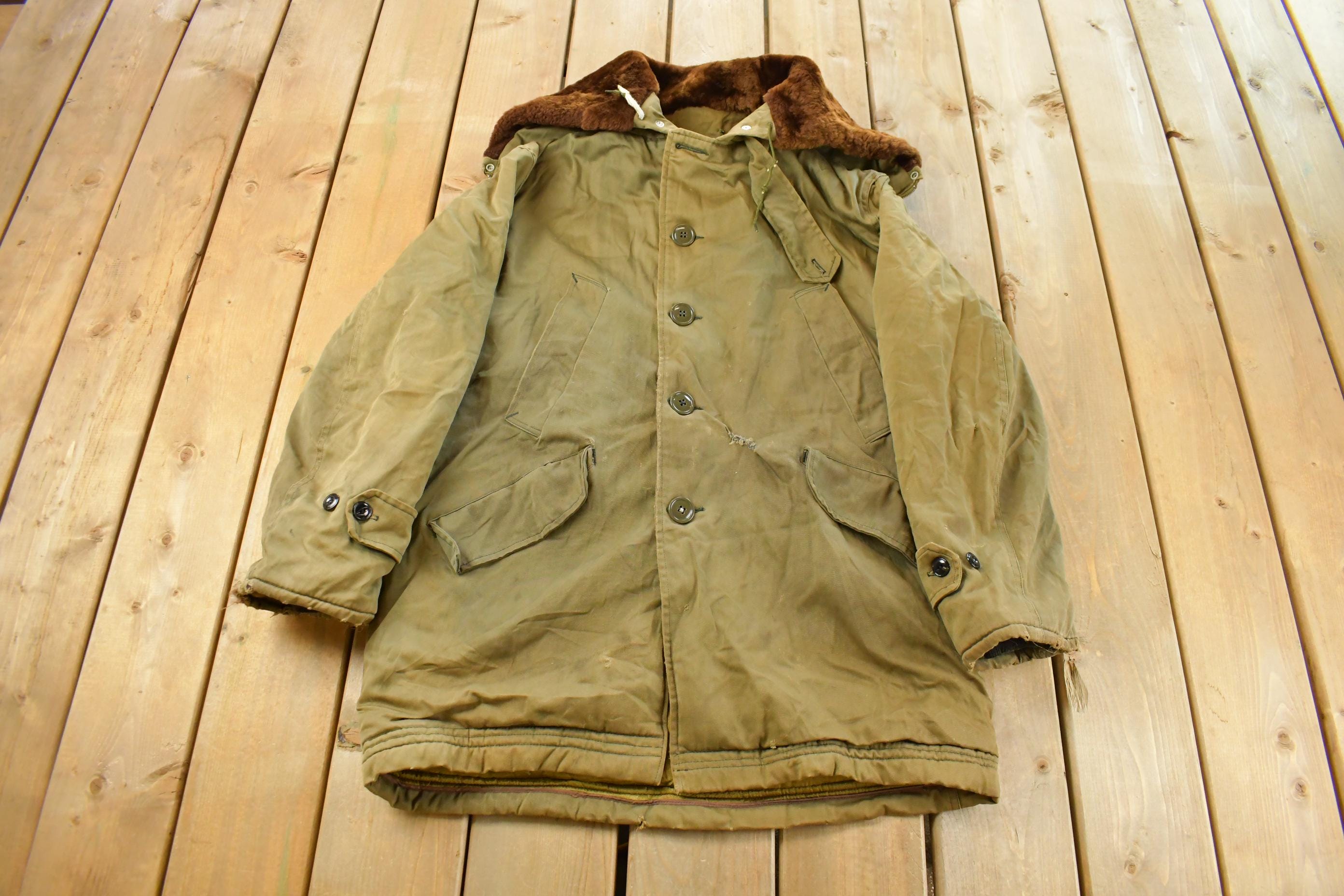 Vintage 1940s WW2 Air Force Type B-9 Parka Flyer Shearling Fur Hood Jacket Men's Large