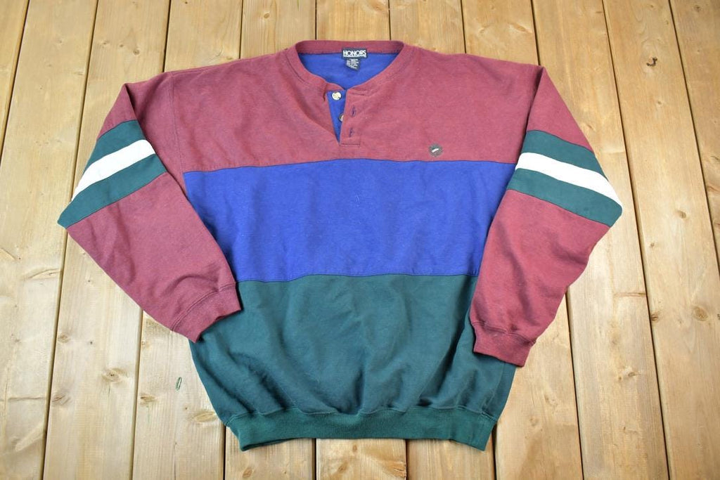 Vintage 1990s Honours Quarter. Button Colour Block Crewneck Sweater