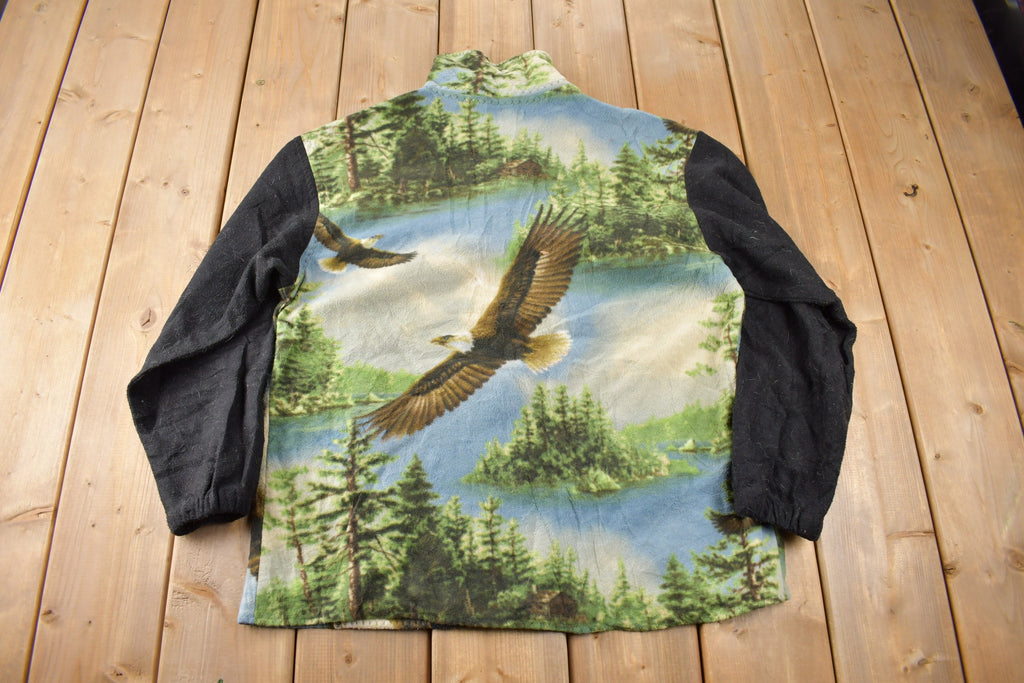 Vintage 1990s Hand Made Eagle Graphic All Over Print Zip Up Fleece Sweater