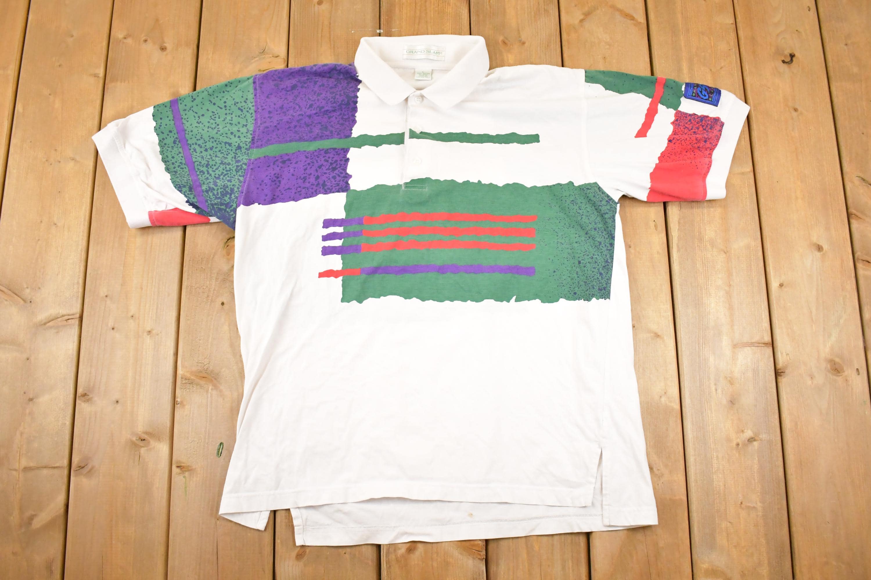 Vintage 1990s Grand Slam AOP Abstract Color Block Button Up Shirt Men's L