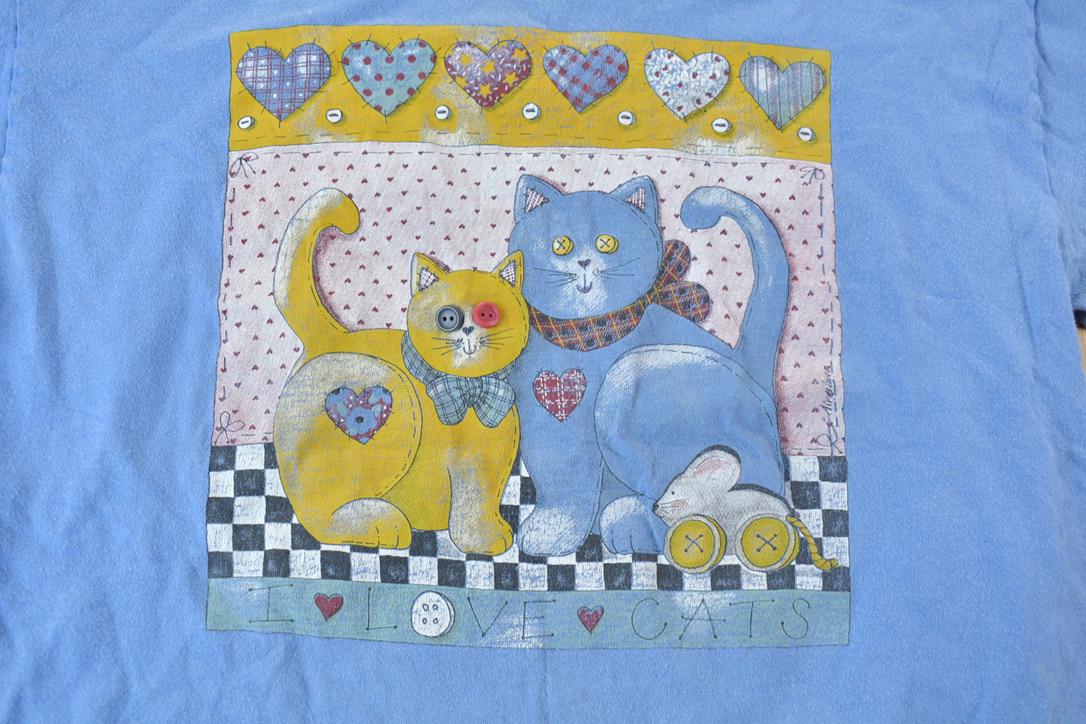 Vintage 1990s I Love Cats Handmade Button Embroidered Single Stitch Graphic T-Shirt  Patchwork Aesthetic Tee