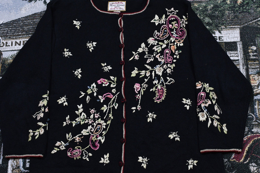 Vintage 1990s Floral Knit Cardigan Button Up Sweater