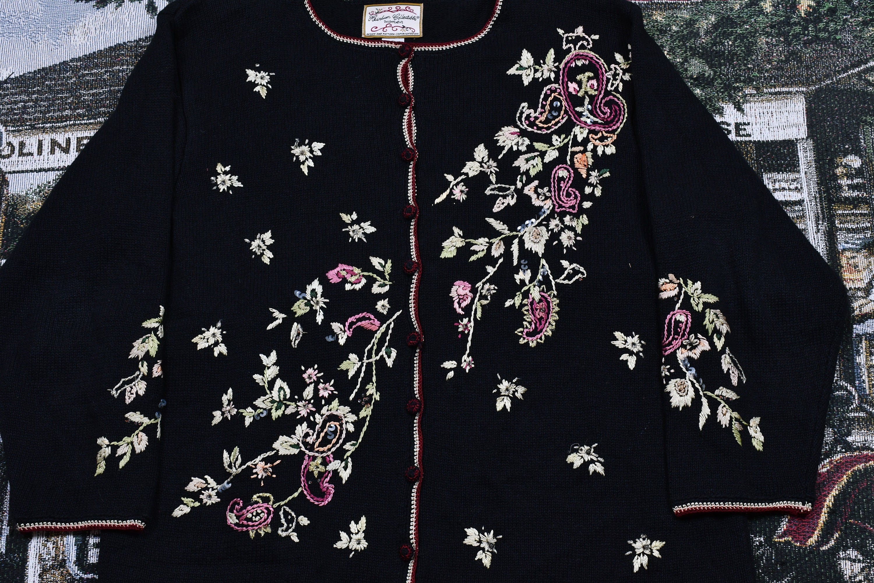 Vintage 1990s Floral Knit Cardigan Button Up Sweater