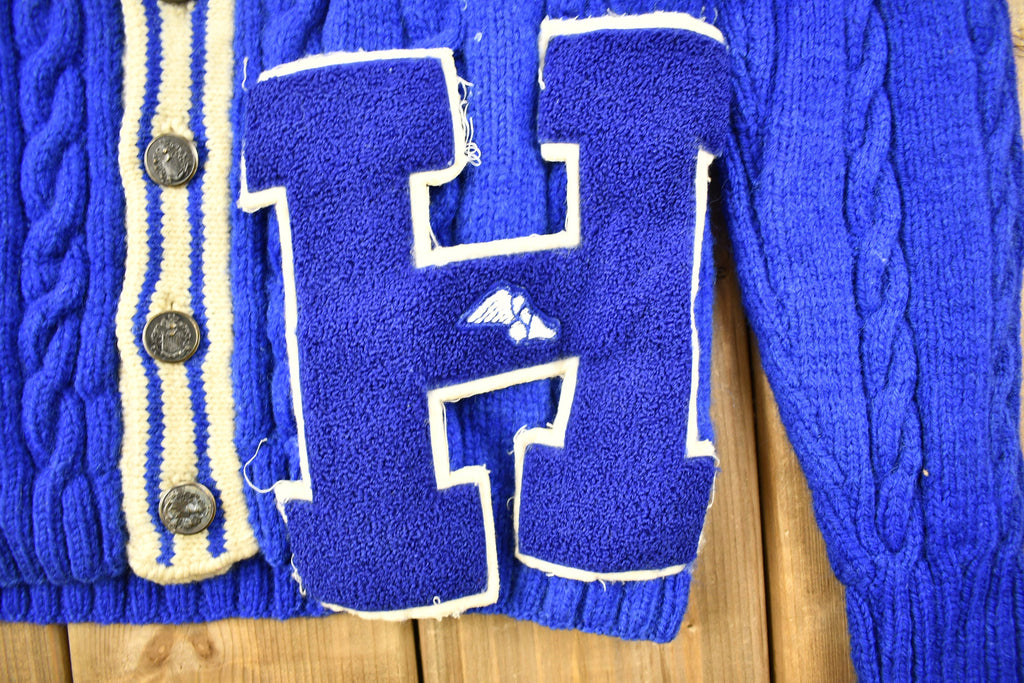 Vintage 1960s Cable Knit Collegiate Cardigan Sweater  H  Vintage Cardigan  Button Up  Patchwork  Made In USA  True Vintage