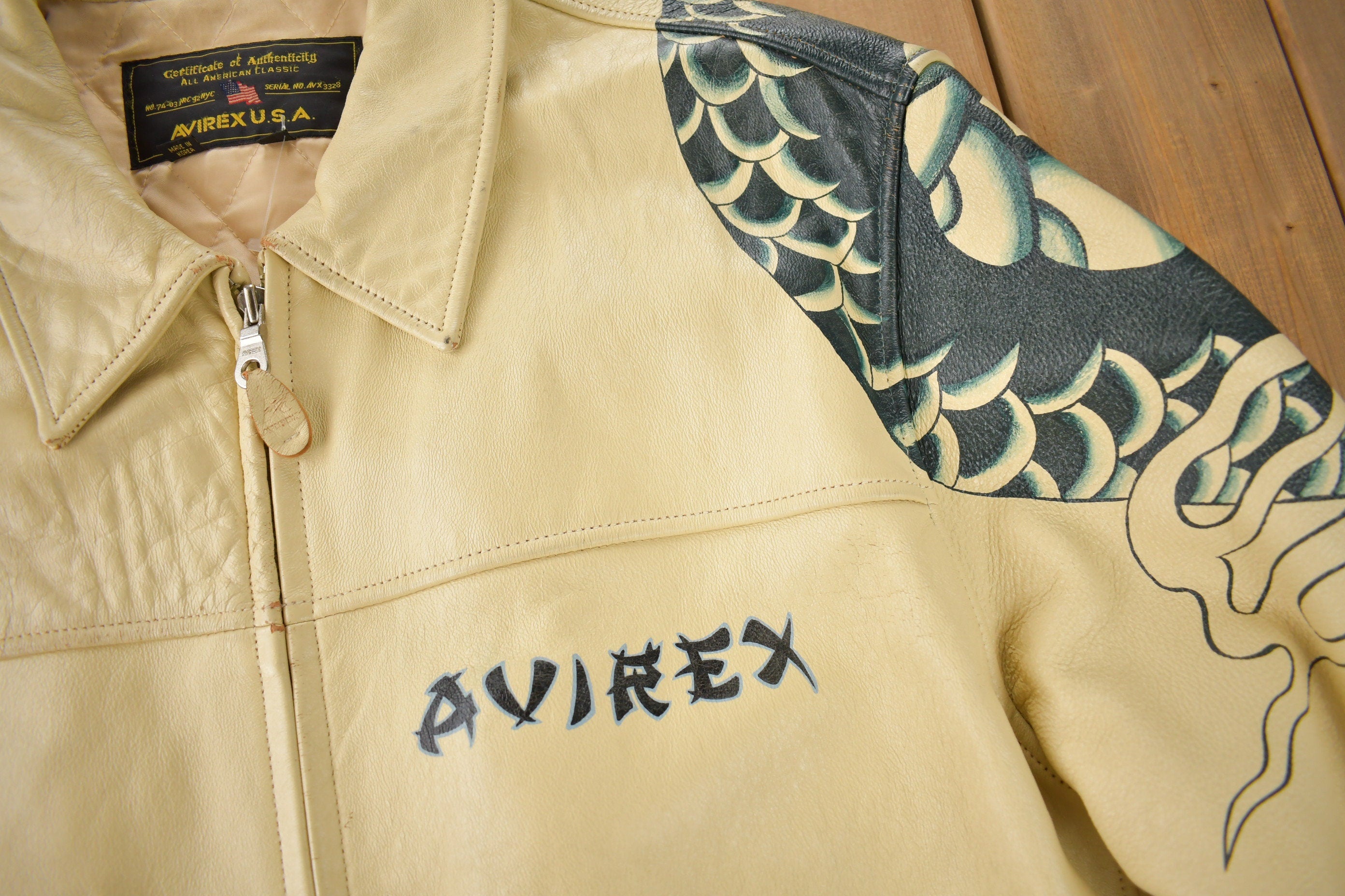 Vintage 1990s Avirex USA Japanese Dragons Graphic Leather Jacket Size 3XL