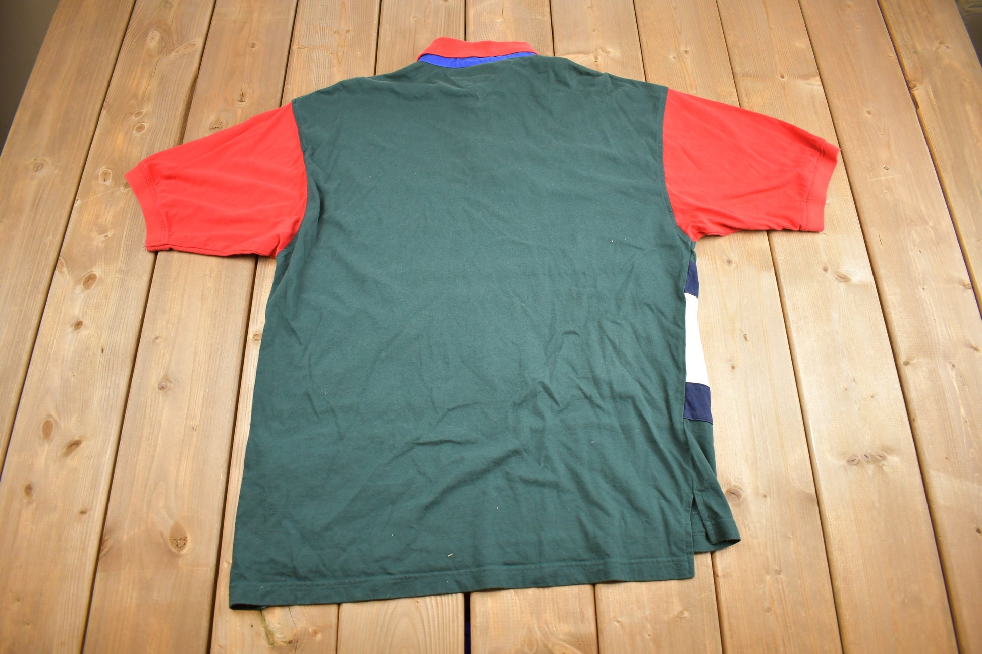 Vintage 1990s Tommy Hilfiger Color Block Polo T-Shirt  Embroidered Flag & Crest  90s  Streetwear  Retro Style  90s Tommy