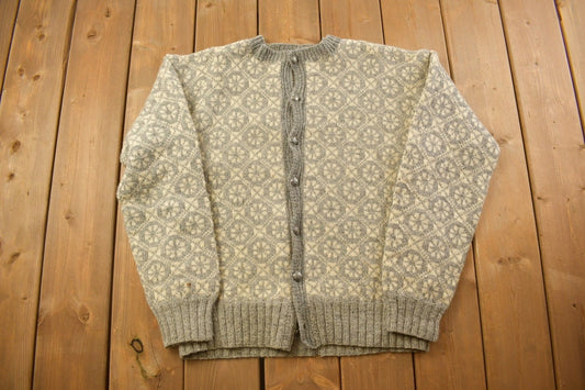 Vintage 1940s Cardigan Poppy Knit Geometric Wool Sweater / Steel Buttons / True Vintage