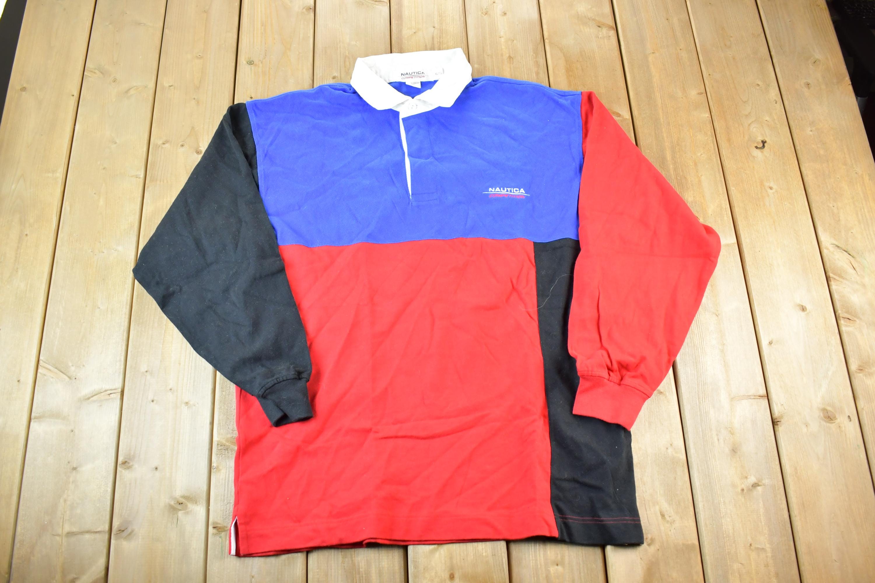 Vintage 1990s Nautica Competition Quarter Button Up Sailing Polo Long Sleeve Shirt