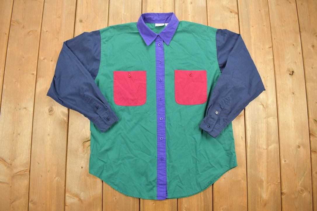 Vintage 1990s Womens Cabin Creek Colorblock Theme Button Up Shirt