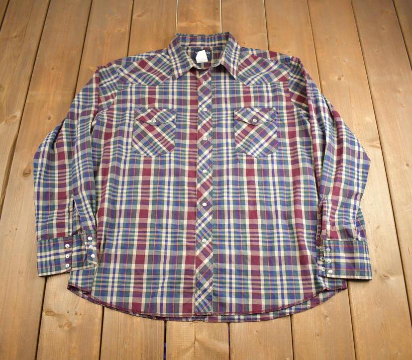 Vintage 1990s Wrangler Blank Plaid Pearl Button Up Shirt