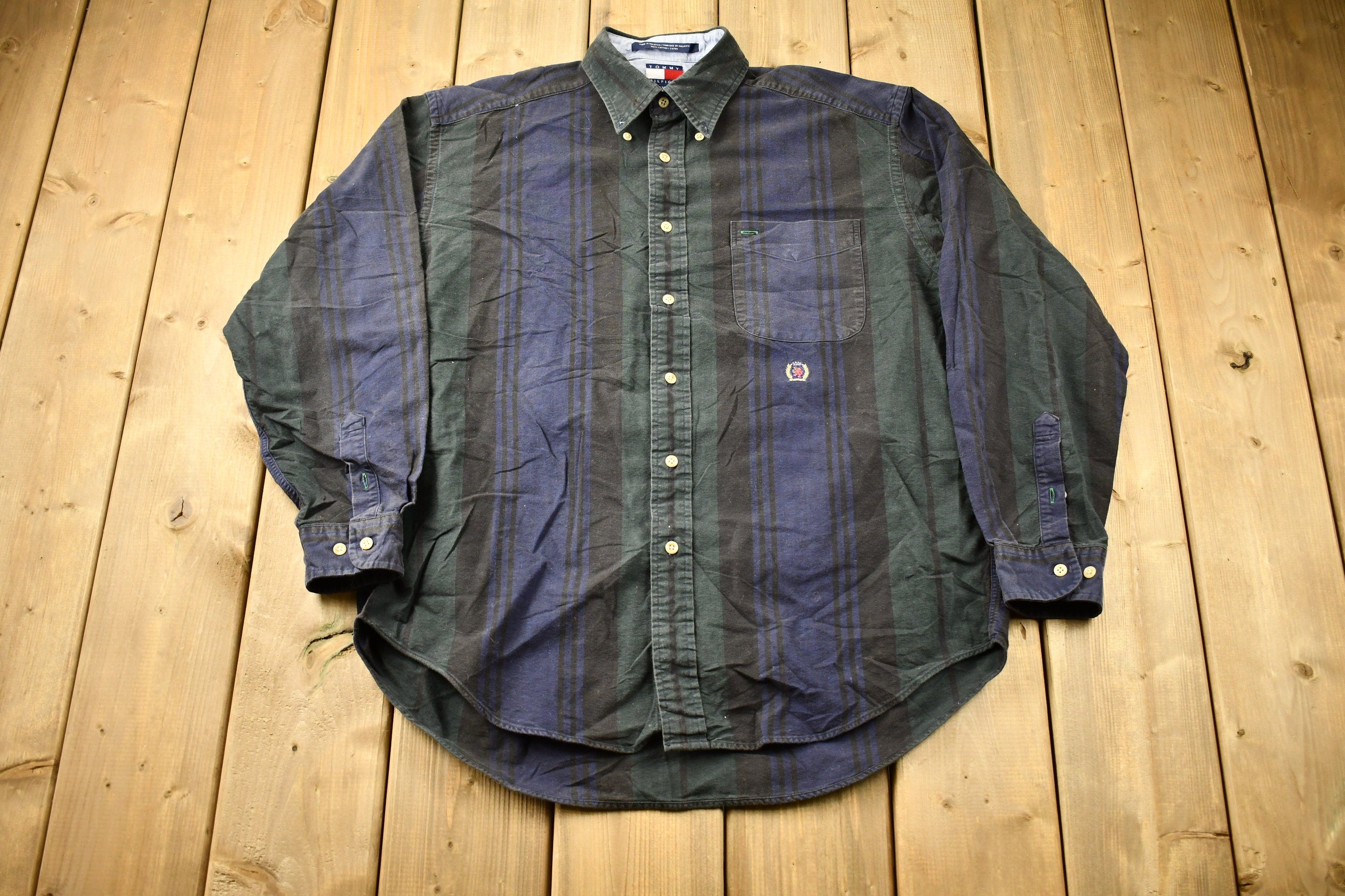 Vintage 1990s Tommy Hilfiger Crest Logo Striped Button Up Shirt