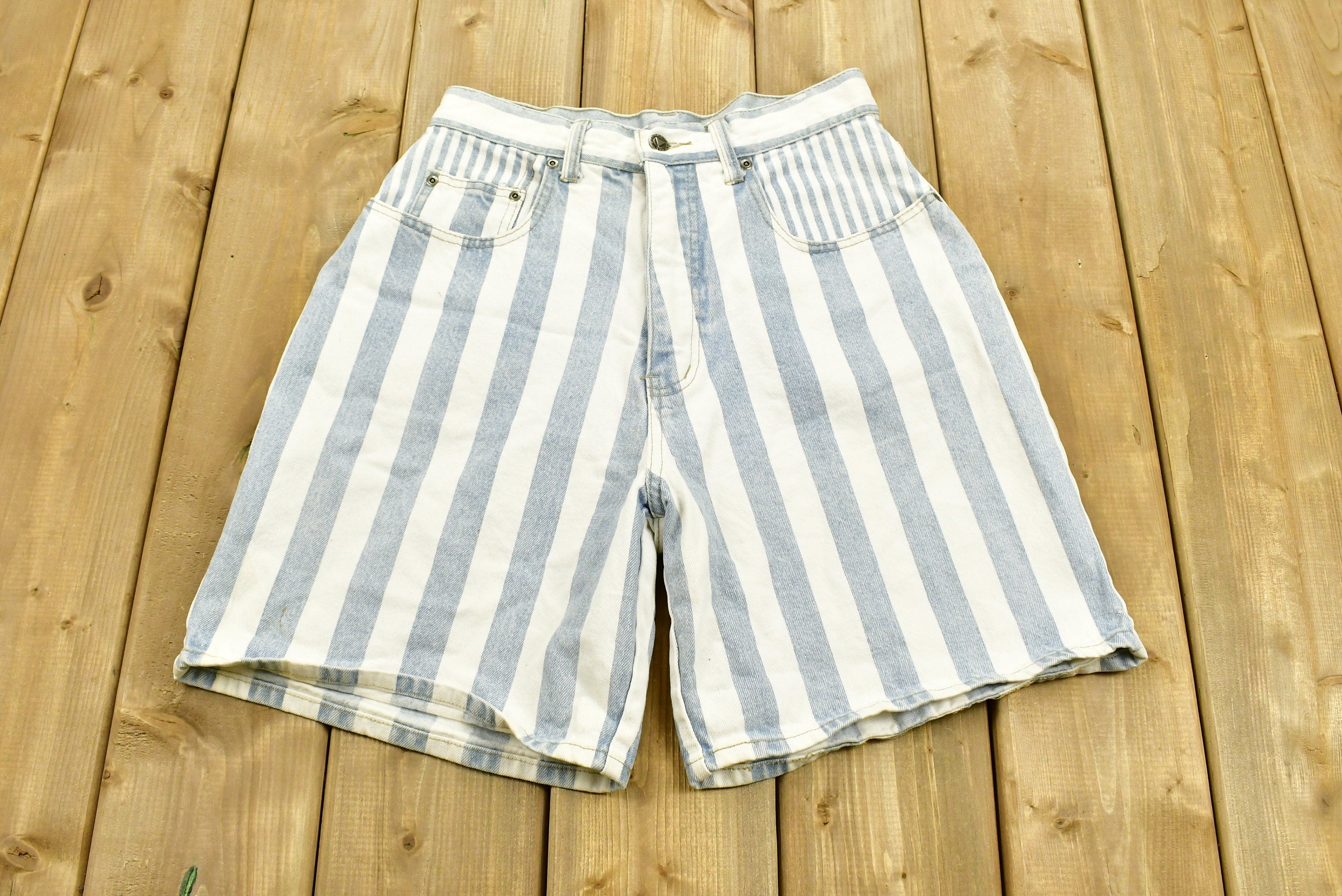 Vintage 1990s Denim Striped Women's Jean Shorts Size 11 Waist 28.5