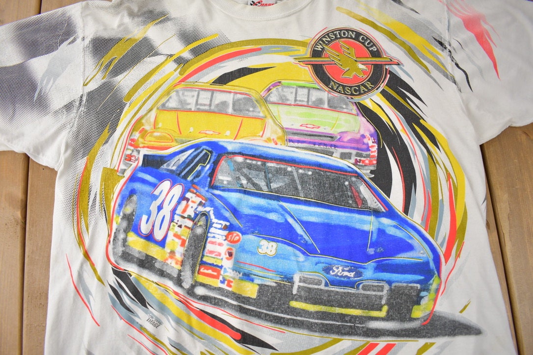 Vintage 1997 Winston Cup NASCAR All Over Print Racing Graphic T-Shirt Made In USA