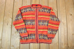 Vintage 1990s LLama Print Full Zip Abstract Knit Crewneck Sweater / 90s Crewneck / Made In USA / Preppy